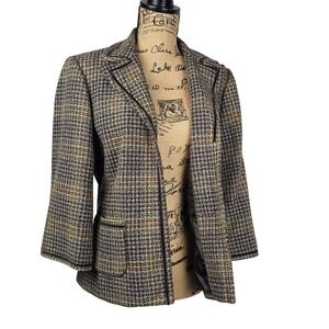 Margaret Frances Houndstooth Tweed Blazer Jacket Women 10 Brown Multi Color Trim